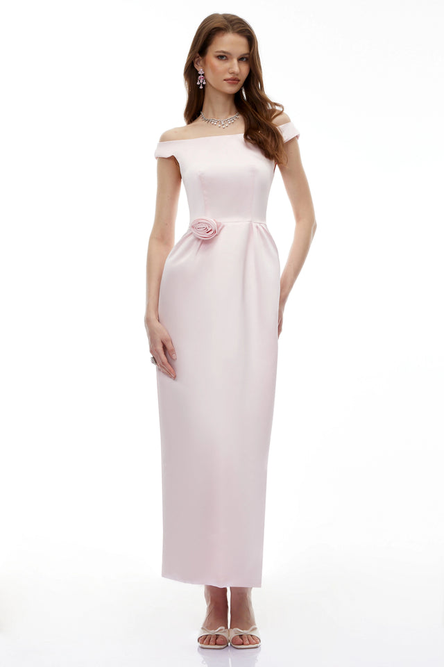 Mckenna Maxi Dress Pink Off Shoulder with 3D Petals