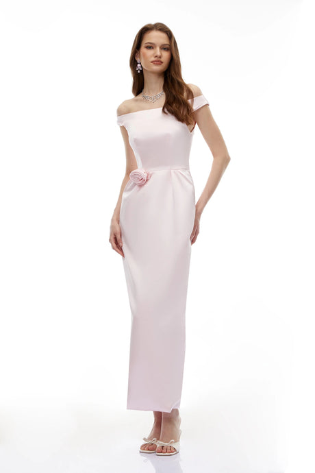 Mckenna Maxi Dress Pink Off Shoulder with 3D Petals