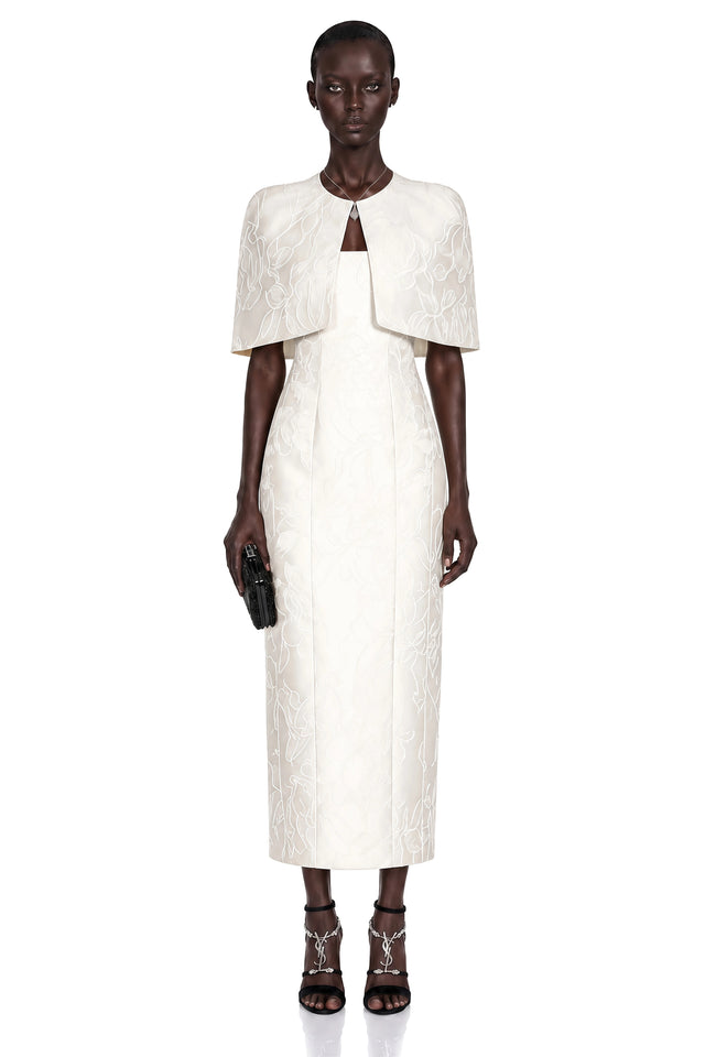 Caterinella Maxi Dress White Satin & Cape Set